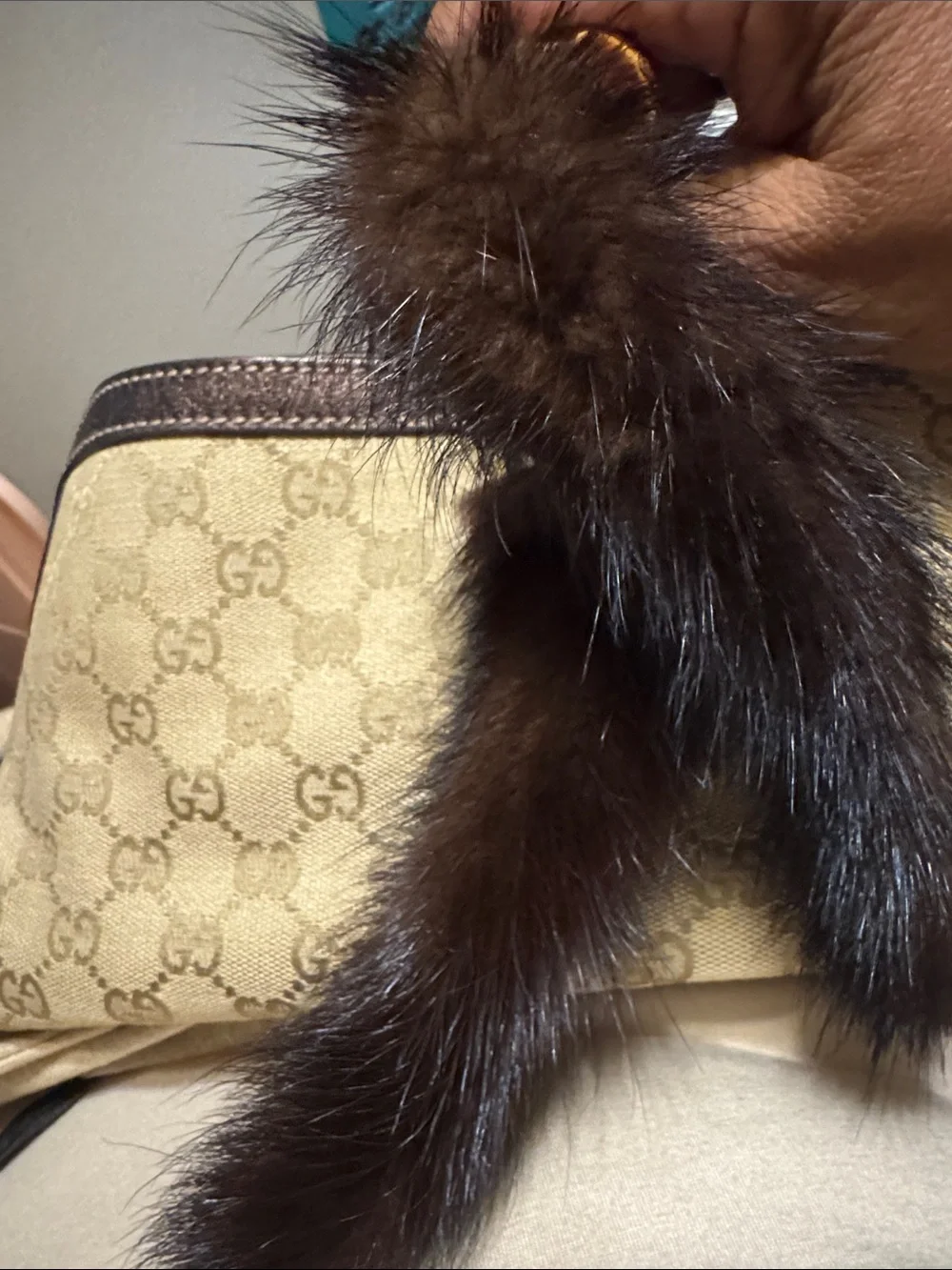 Gucci Beige Monogram Canvas Tote with Dark Brown Leather and Fur Tassels